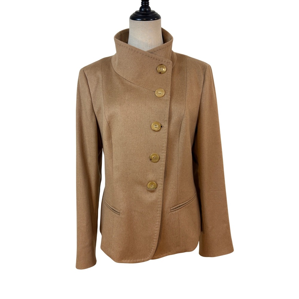 Max Mara Camel Hair Jacket Women 12 Asymmetrical Funnel Neck Coat luxury chic